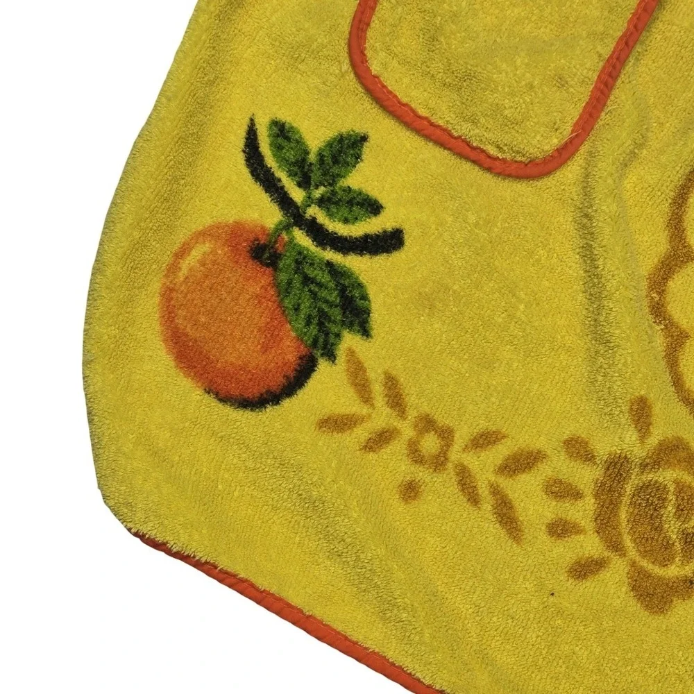 Vintage 70s Yellow Terry Cloth Half Apron Orange Fruit Floral Retro Kitchen